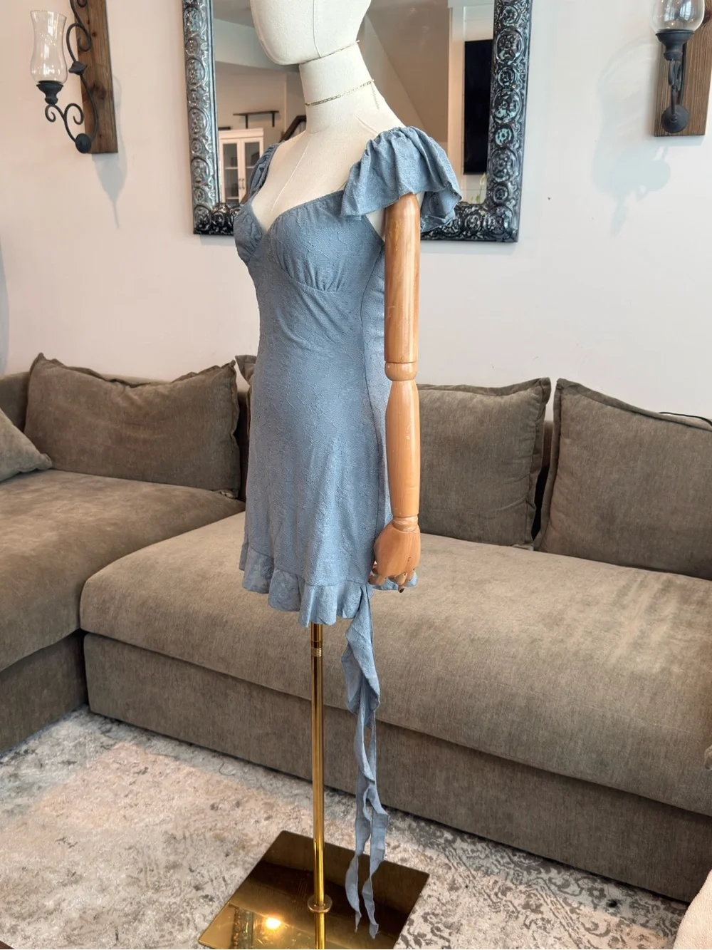 WeWoreWhat Asymmetrical Lace Mini Dress Dusty Blue | Size M - Picture 3 of 13